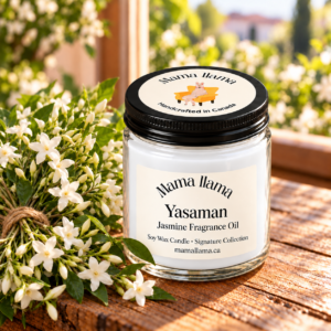 Yasaman jasmine fragrance oil soy wax candle with pure white wax, closed lid and jasmine bouquet