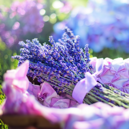 a bunch of fresh lavender in a basket with pink ribbon