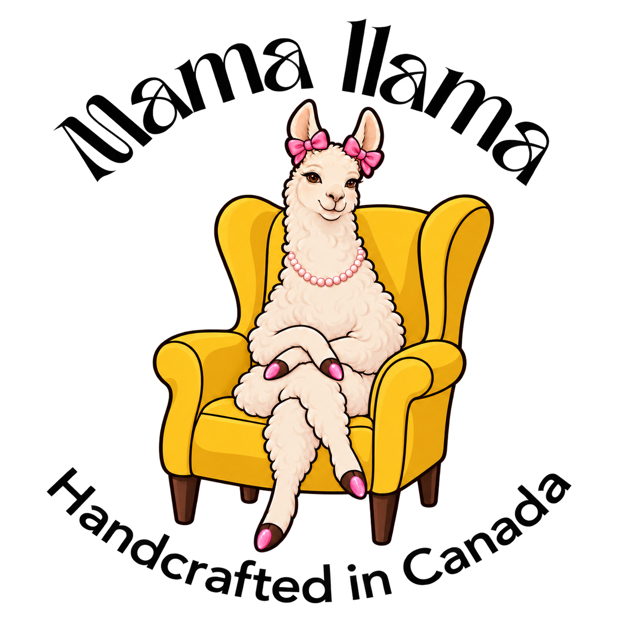 Mama Llama — Handcrafted in Canada, llama with pink bows and pearls seated in a yellow armchair
