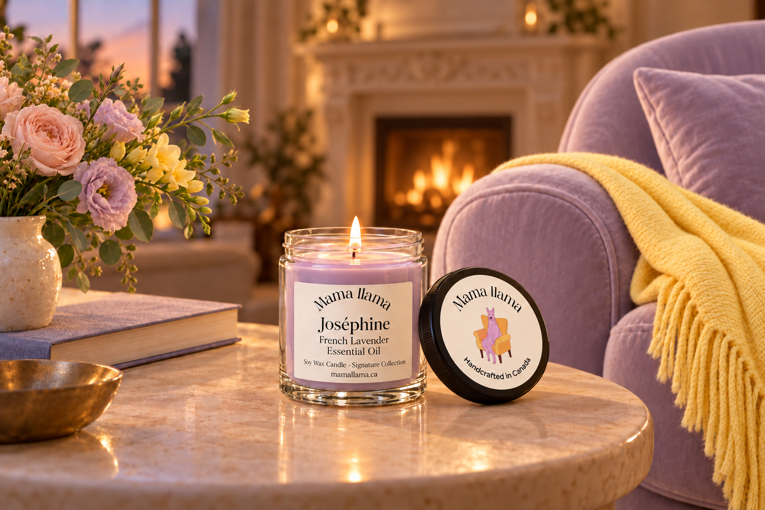 Joséphine candle with pastel flowers, lavender velvet chair, yellow fringed throw and a softly blurred vintage fireplace